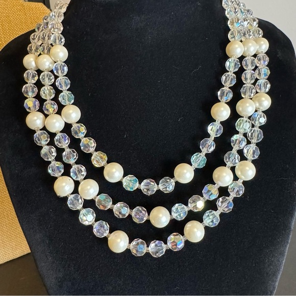 1950s Signed Coro Aurora Borealis Crystal Triple-Strand Necklace - Picture 1 of 15